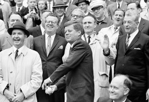 President John F. Kennedy opening the American League season at a Washington Senators game, April 8, 1962.